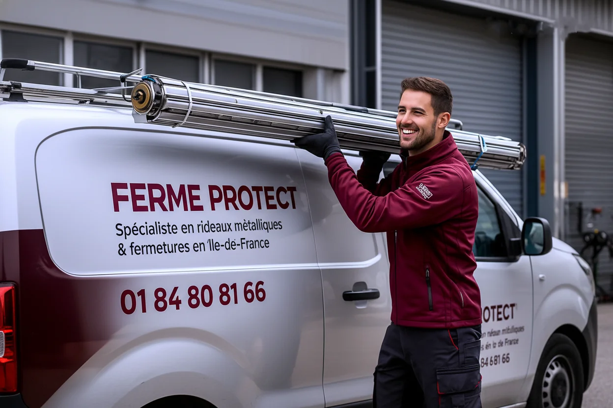 Technicien Ferme Protect intervenant sur un rideau métallique